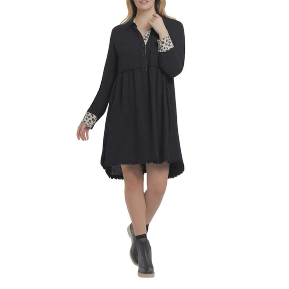 UMGEE Black & Animal Print Trim Hi Lo Tunic Mini Dress Size 1X Hem Boho Western - Picture 1 of 15